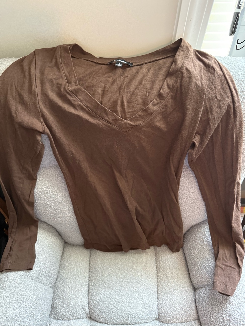 Ambiance Brown V-Neck Long Sleeve Top